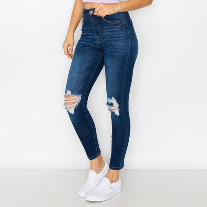 KNEE DESTRUCTED HIGH RISE SKINNY DENIM PANTS