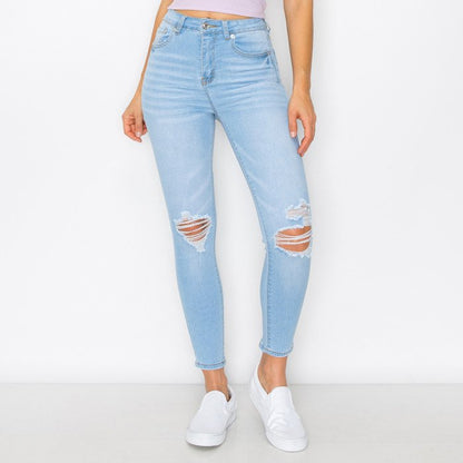 KNEE DESTRUCTED HIGH RISE SKINNY DENIM PANTS