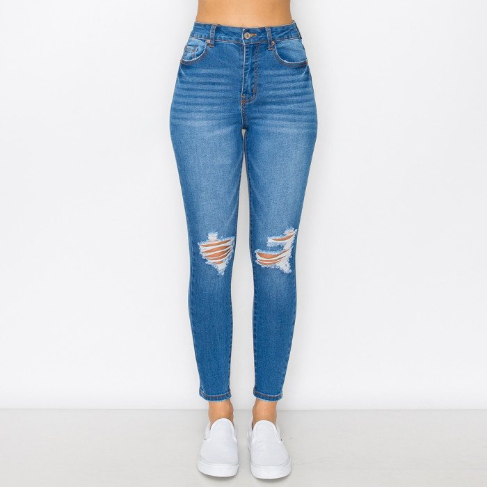 KNEE DESTRUCTED HIGH RISE SKINNY DENIM PANTS