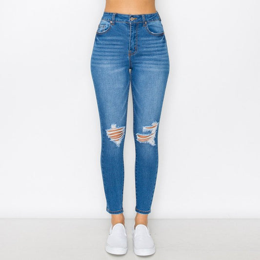 KNEE DESTRUCTED HIGH RISE SKINNY DENIM PANTS