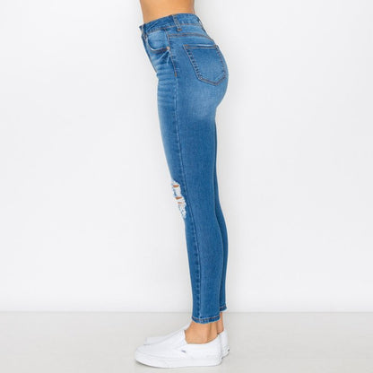 KNEE DESTRUCTED HIGH RISE SKINNY DENIM PANTS