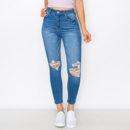 KNEE DESTRUCTED HIGH RISE SKINNY DENIM PANTS