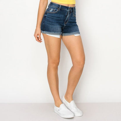 HIGH RISE DENIM SHORTS WITH FRAYED HEM CUFF AND EXPOSED POCKET BAG