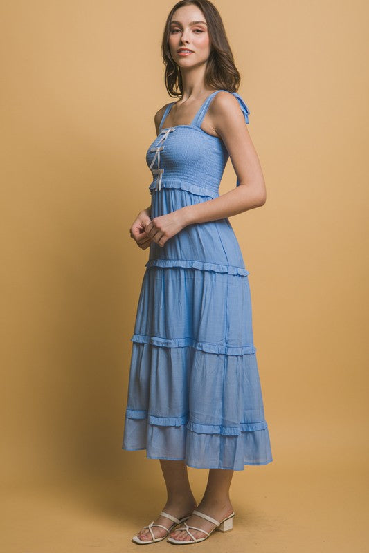 BOW STRAP TIERED MIDI DRESS