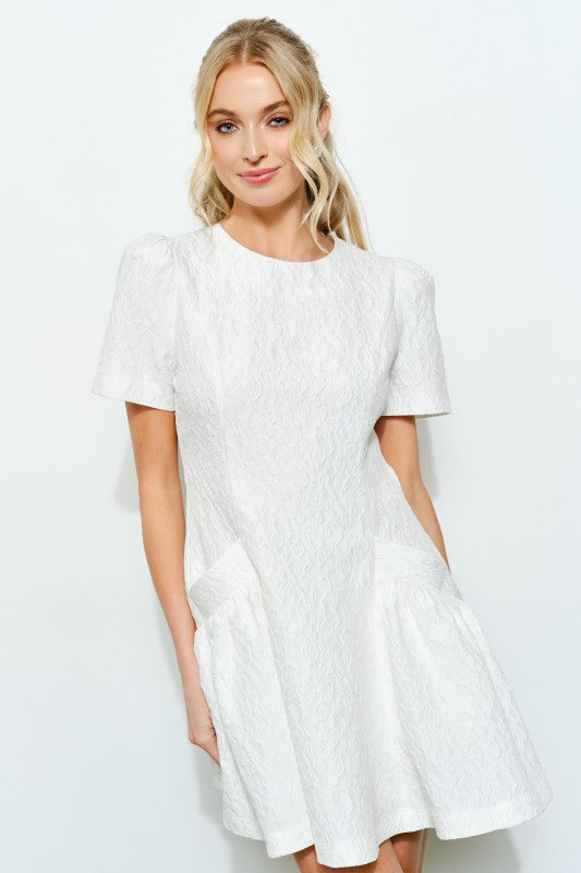 FLORAL JACQUARD FLARE MINI DRESS