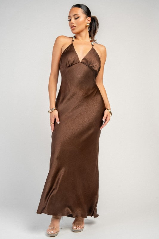 TEXTURED SATIN WITH COLOR STONE TRIM MAXI DRESS