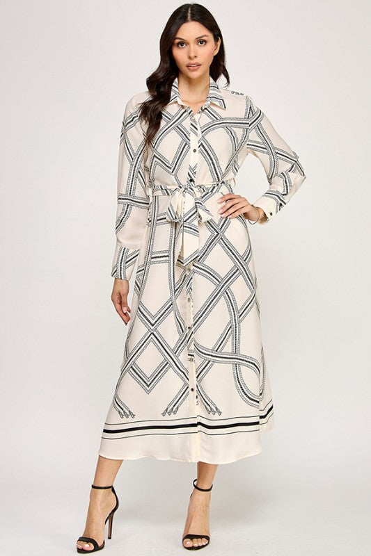 PRINTED LONG SLEEVE BUTTON DOWN MIDI DRESS WITH SELF BELT