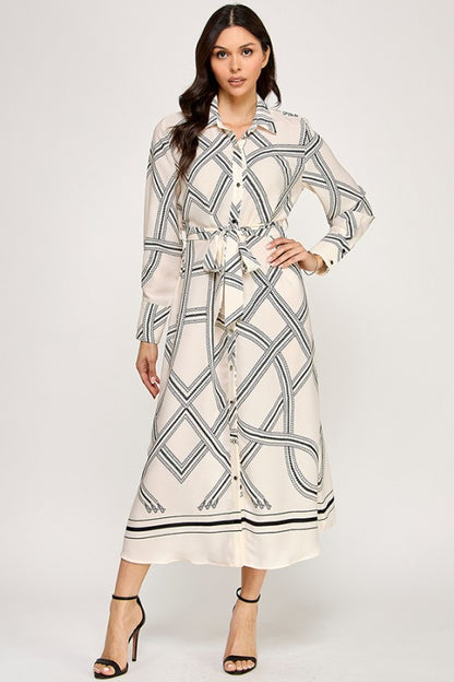 PRINTED LONG SLEEVE BUTTON DOWN MIDI DRESS WITH SELF BELT