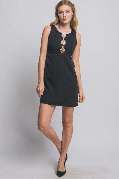 ROUND NECK GOLDEN ROSE BUTTON MINI DRESS