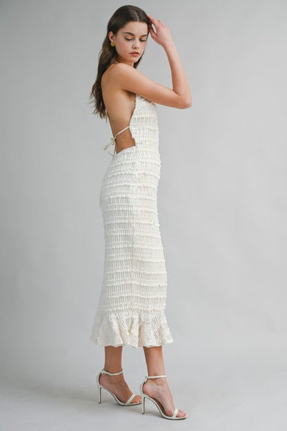 SMOCKED TIERED HALTER BODICE MIDI DRESS