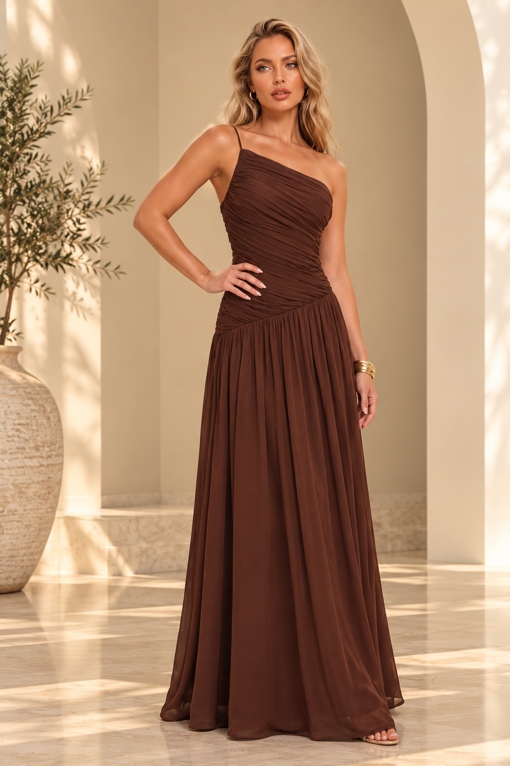 RUCHED ONE SHOULDER MAXI DRESS