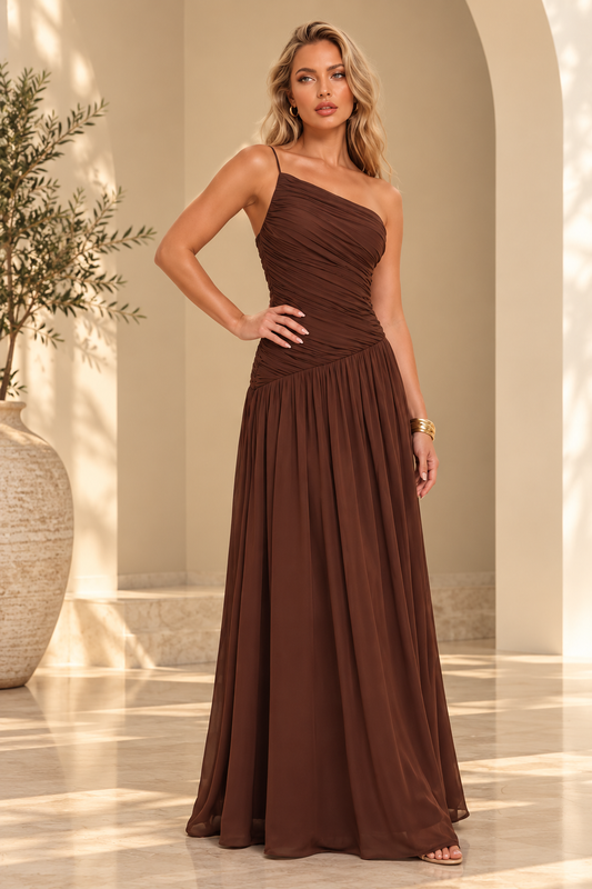 RUCHED ONE SHOULDER MAXI DRESS