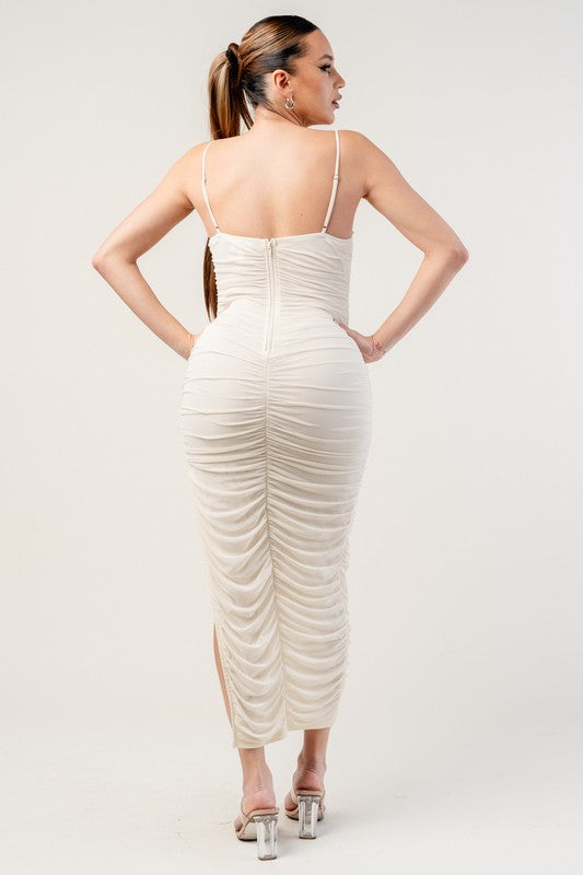 LUXE SHIRRING RUCHED SIDE SLITTED MIDI MESH DRESS