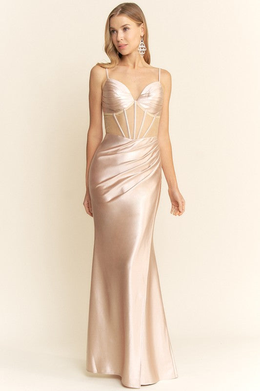 MESH CORSET BODICE MAXI SATIN COCKTAIL DRESS