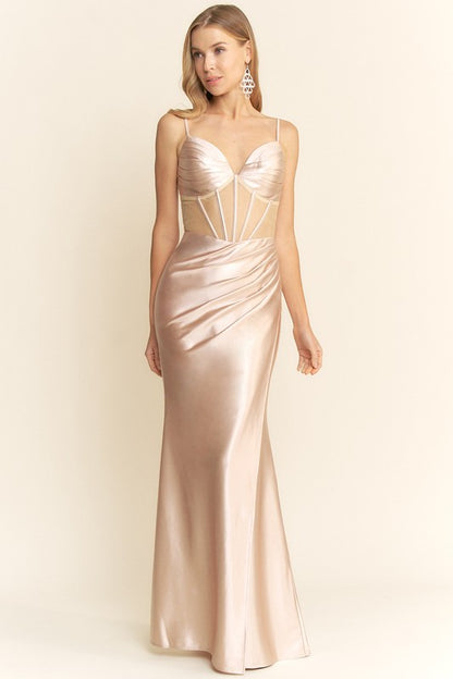 MESH CORSET BODICE MAXI SATIN COCKTAIL DRESS