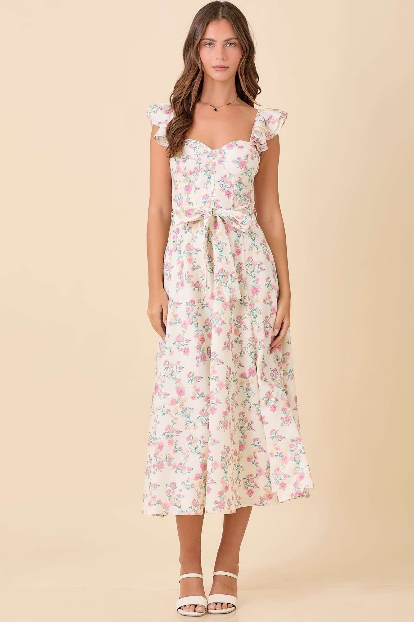 Floral Printed Ruffle Sleeve Midi Dress