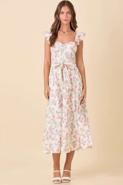 Floral Printed Ruffle Sleeve Midi Dress