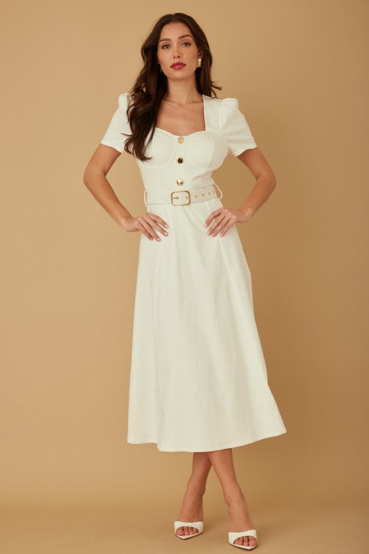 DENIM PUFF SHOULDER MIDI DRESS