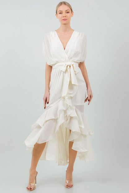 SOLID TIE WAIST RUFFLE MIDI DRESS