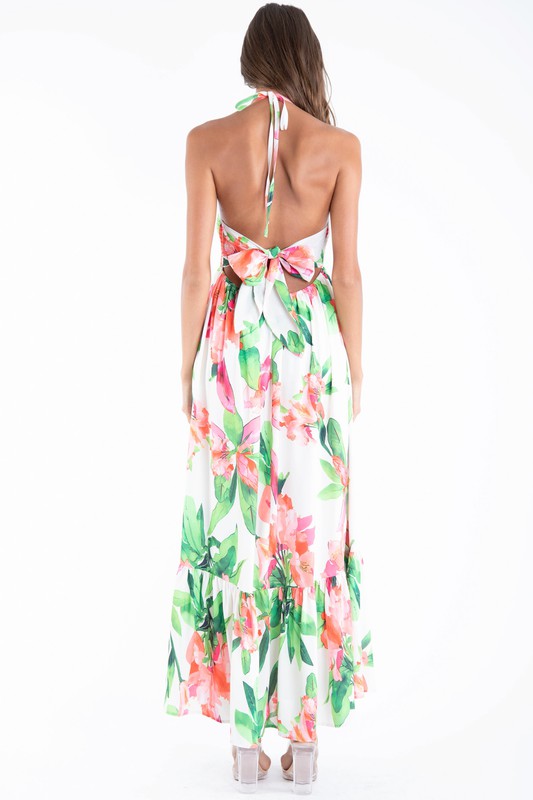 FLOWER PRINT HALTER NECK OPEN BACK TIE MIDI DRESS