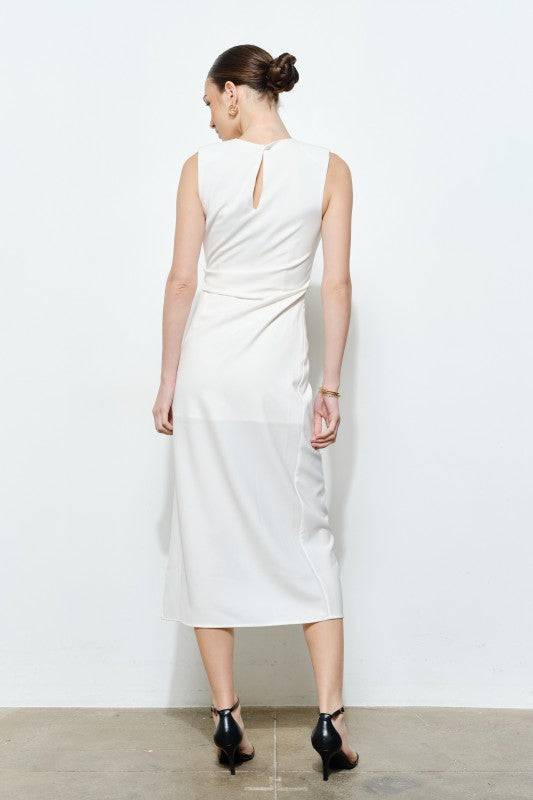 SLEEVELESS DRAPED GOLD ACCENT MIDI DRESS