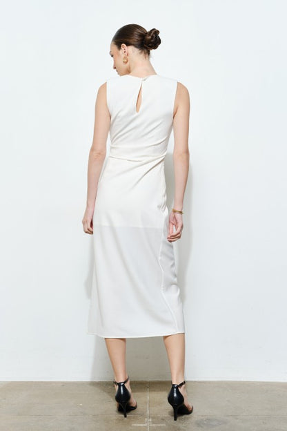 SLEEVELESS DRAPED GOLD ACCENT MIDI DRESS