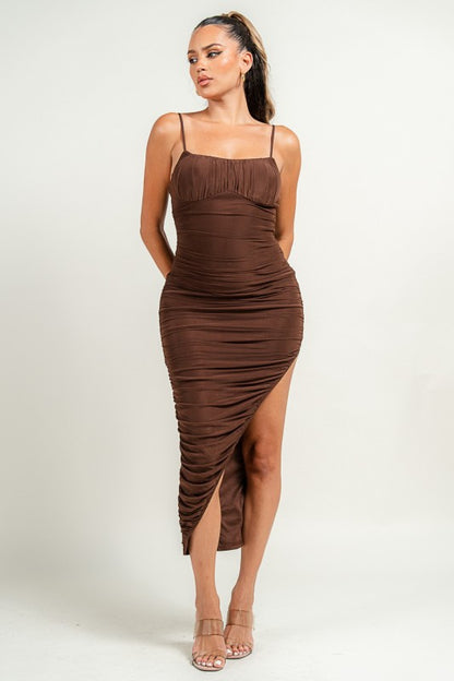 LUXE SHIRRING RUCHED SIDE SLITTED MIDI MESH DRESS