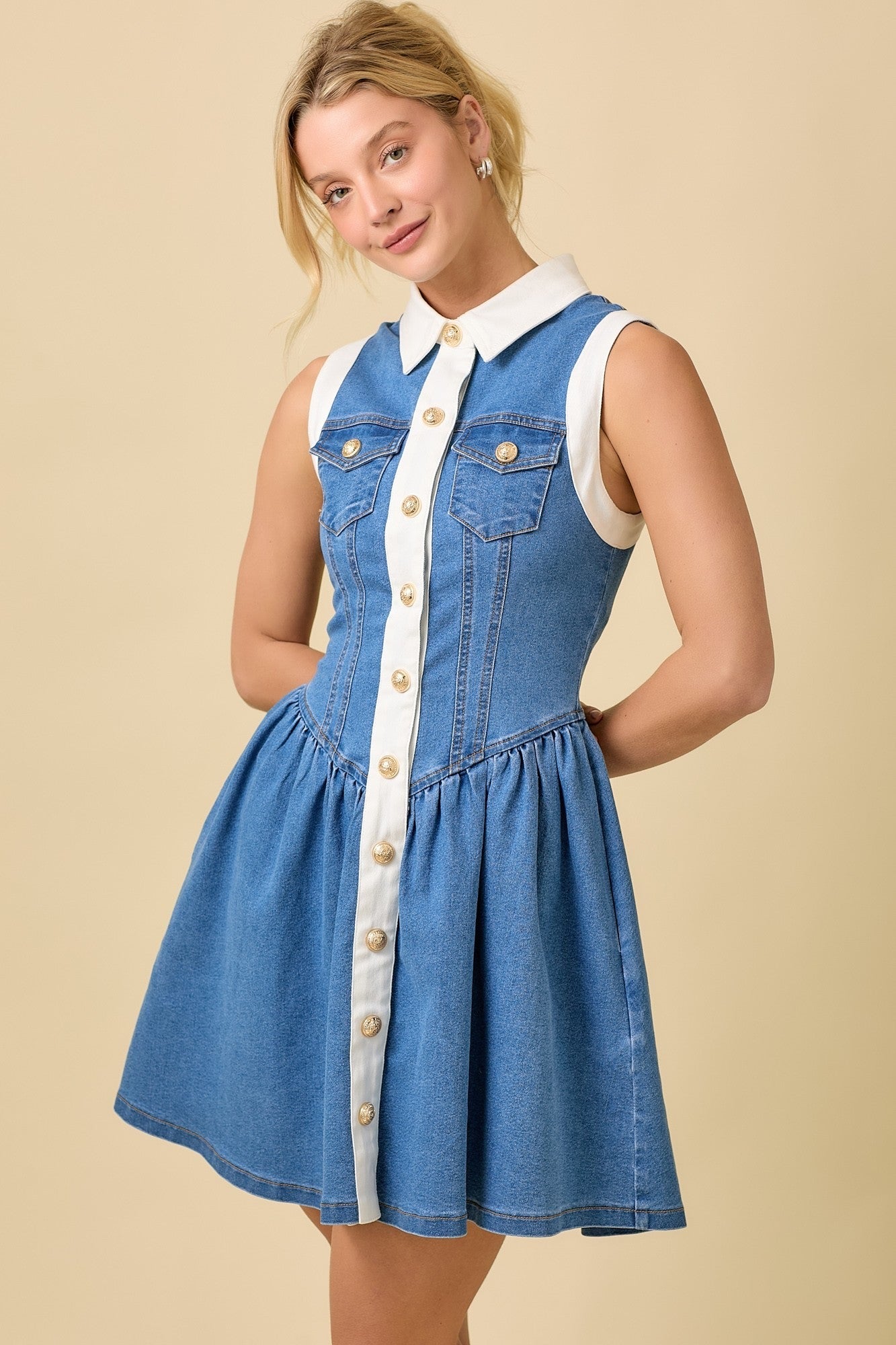 COLLAR BUTTON DOWN SUMMER DENIM MINI DRESS