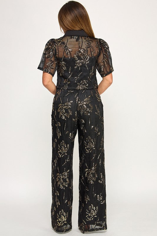 CROP BUTTON DOWN SEQUIN TOP WITH PANTS SET