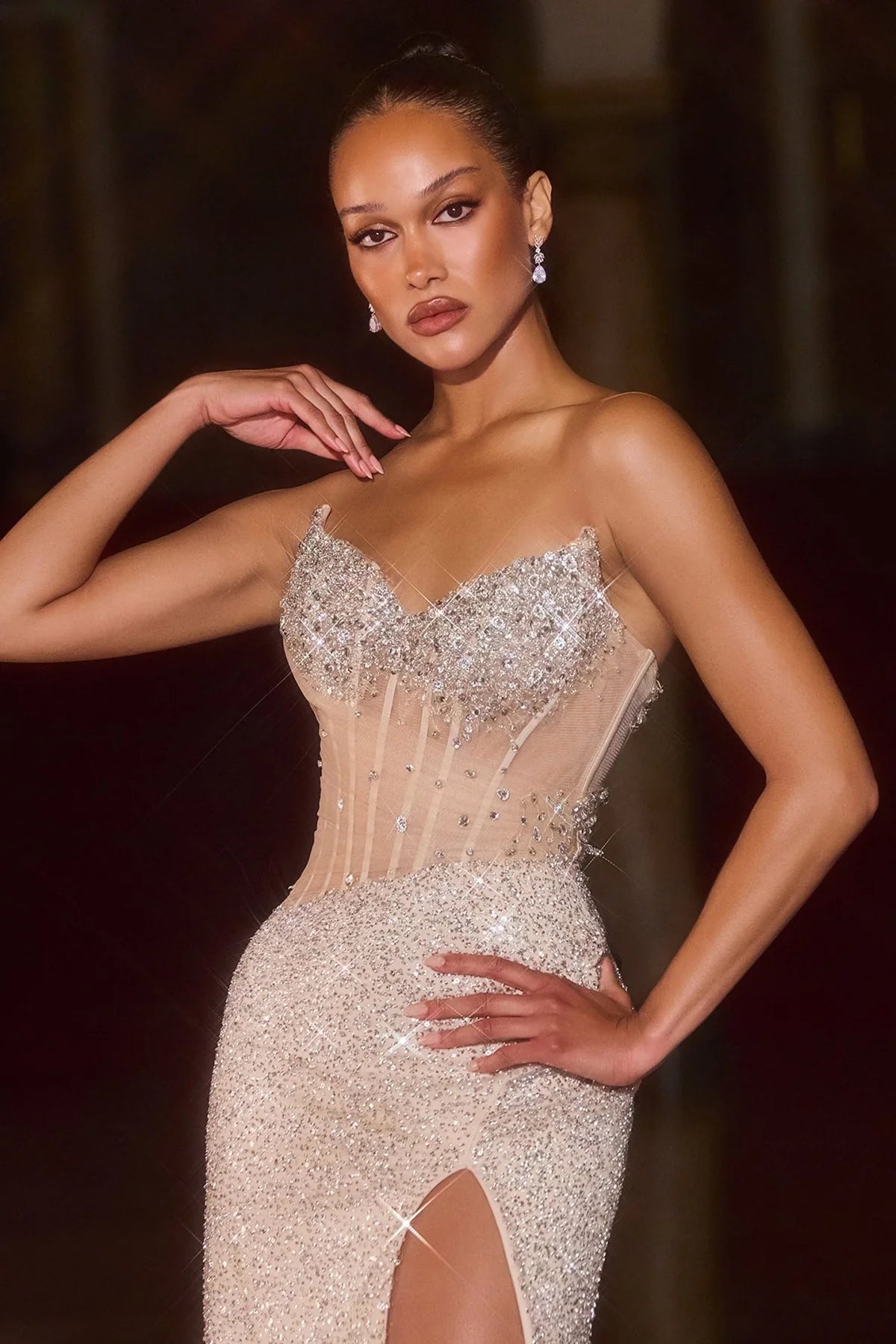 SPARKLING CRYSTALS BEADED SHEER CORSET BODICE MAXI COCKTAIL DRESS