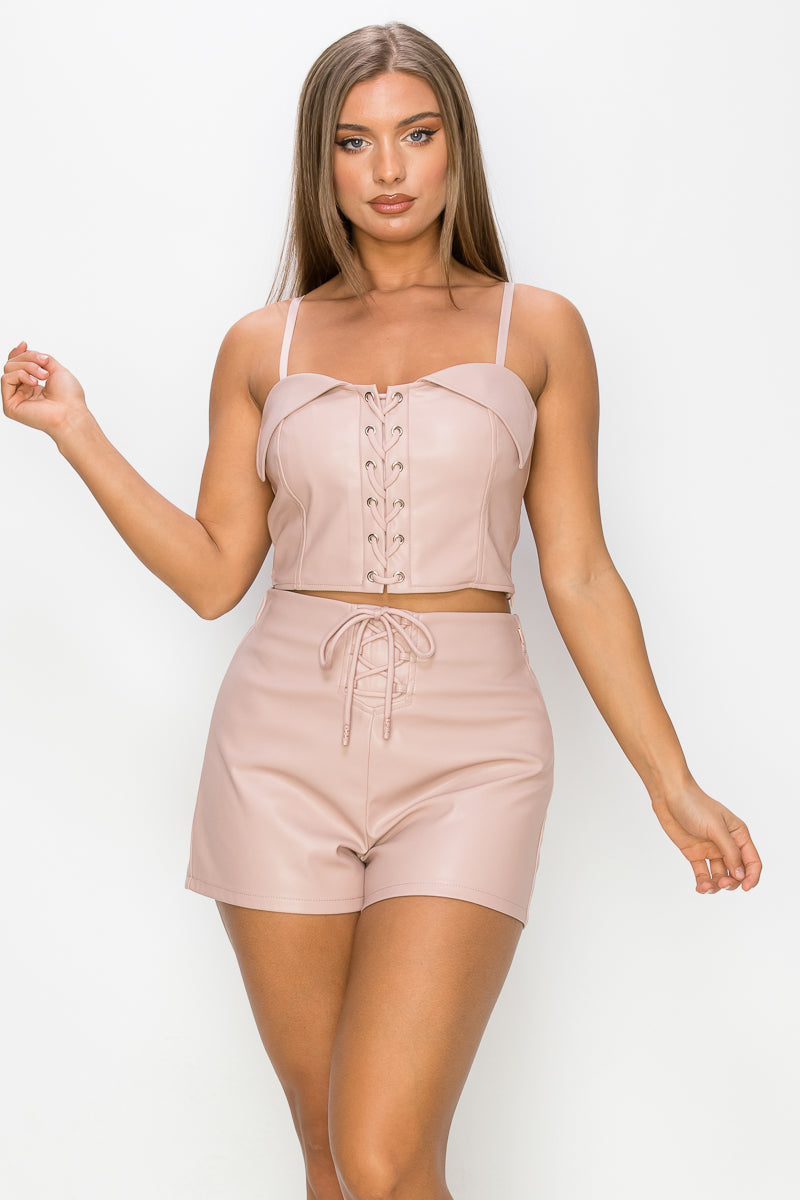 Lace-Up Zippered Cami Top & Shorts Set