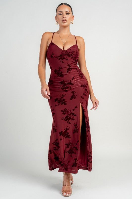 BUSTIER SPAGHETTI STRAP LACE UP FRONT SLIT MAXI DRESS