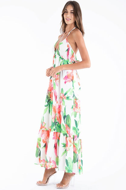 FLOWER PRINT HALTER NECK OPEN BACK TIE MIDI DRESS