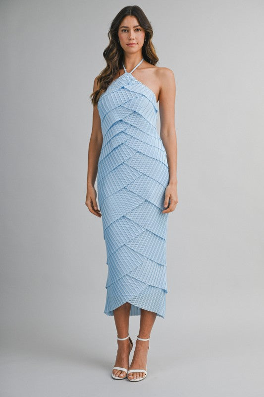 PLEATED HALTER LAYERED DIAGONAL RUFFLE MIDI DRESS