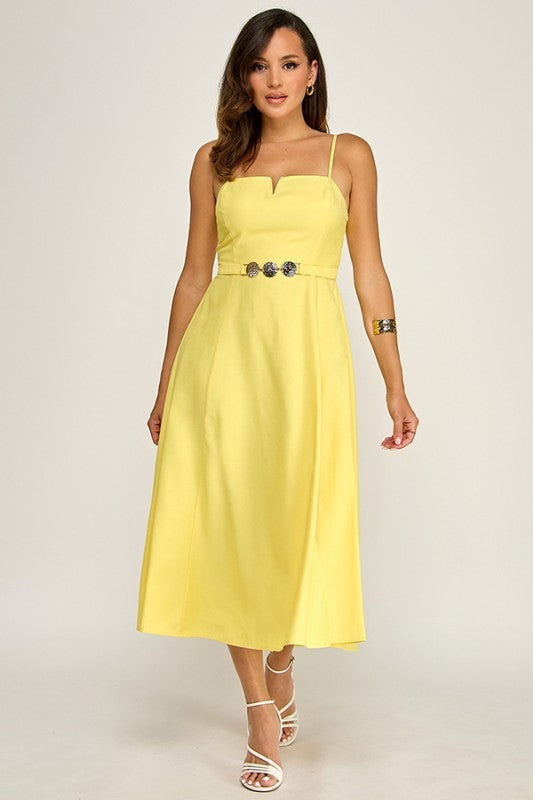CAMI ADJUSTABLE STRAP BELTED MIDI DRESS