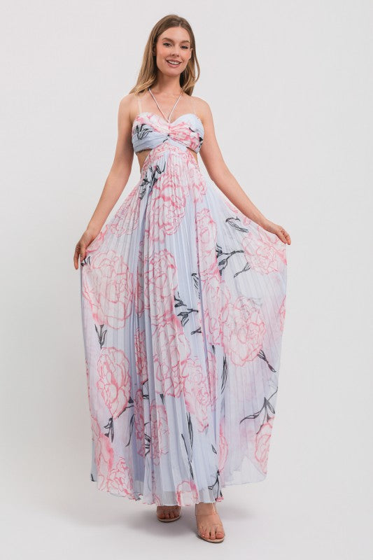HALTER NECK OPEN BACK PLEATED MAXI DRESS