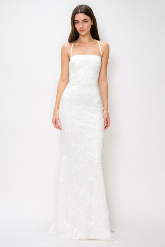 FLORAL SEQUIN APPLIQUÉ MAXI COCKTAIL DRESS
