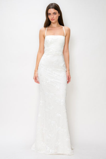 FLORAL SEQUIN APPLIQUÉ MAXI COCKTAIL DRESS