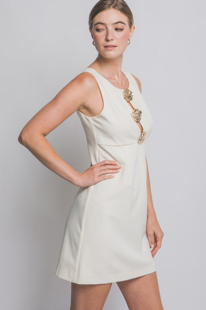 ROUND NECK GOLDEN ROSE BUTTON MINI DRESS