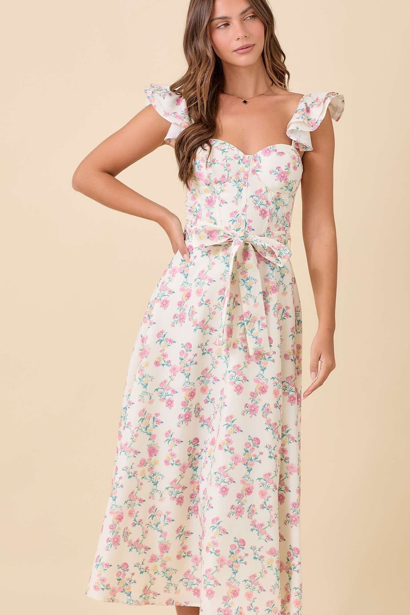 Floral Printed Ruffle Sleeve Midi Dress
