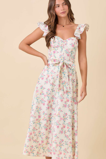 Floral Printed Ruffle Sleeve Midi Dress