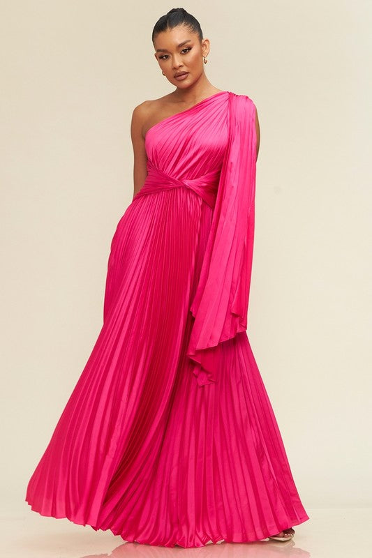 ONE SHOULDER PLEATED MAXI DRESS