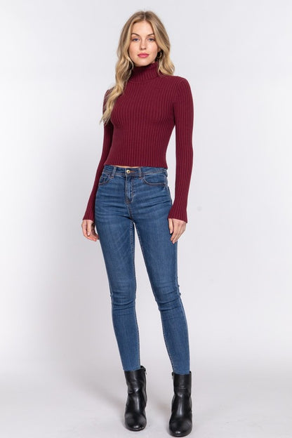 LONG SLV TURTLE NECK FITTED CROP RIB SWEATER