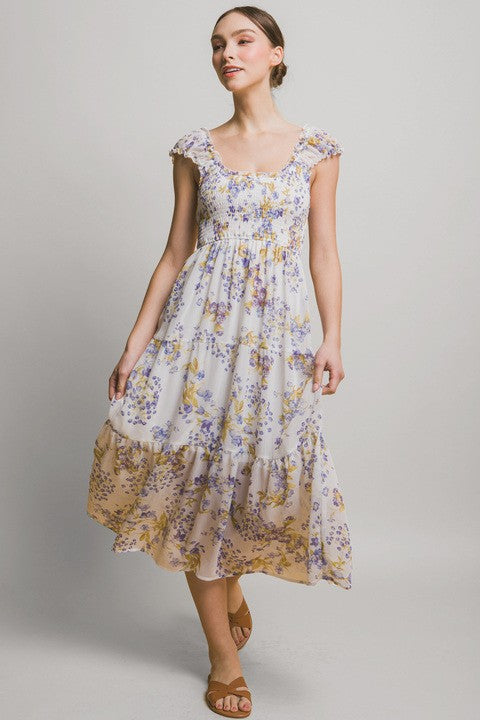 SMOCKED FLORAL MIDI DRESS