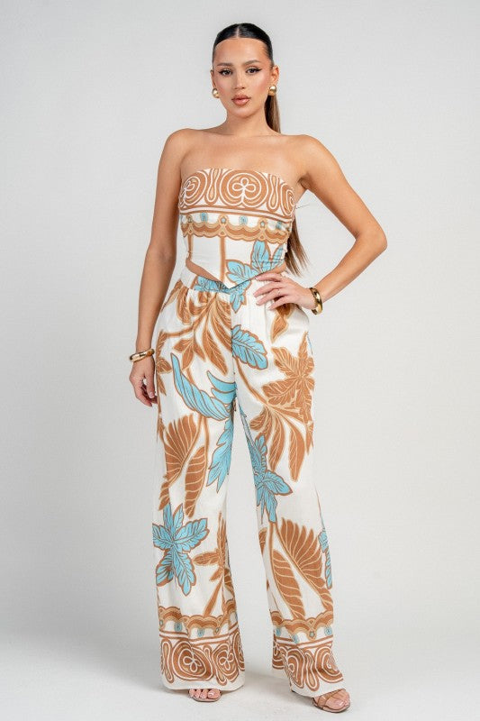 PRINTED STRAPLESS TOP AND PANTS SET