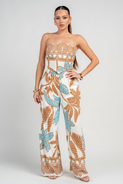 PRINTED STRAPLESS TOP AND PANTS SET