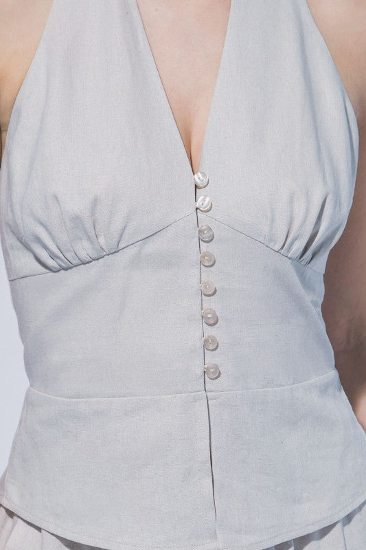 HALTER NECK LINEN TIE FRONT VEST PANTS SET