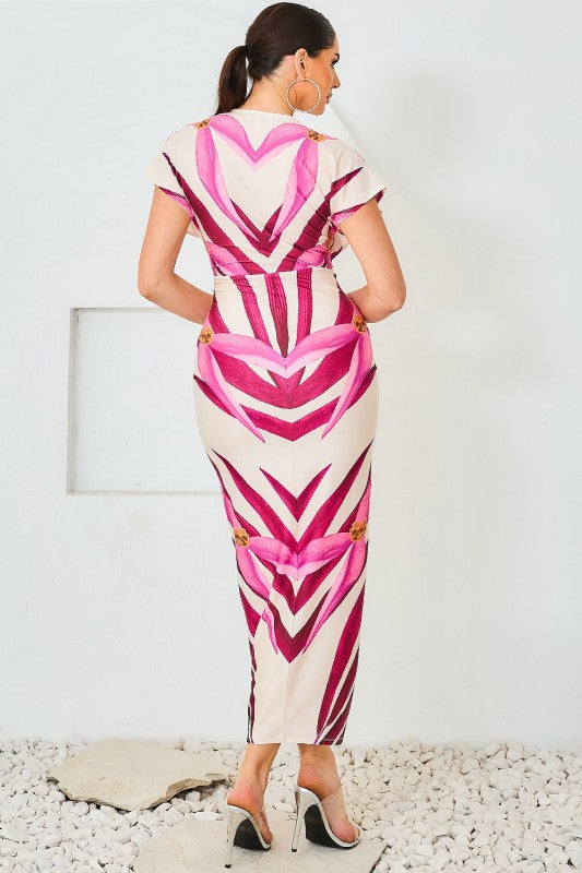 PRINTED DEEP V NECK MIDI DRESS
