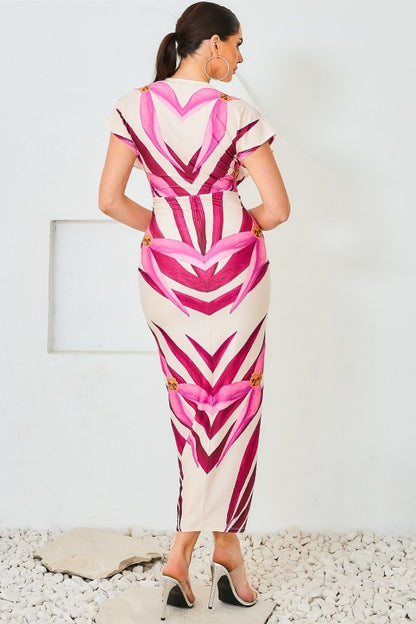 PRINTED DEEP V NECK MIDI DRESS