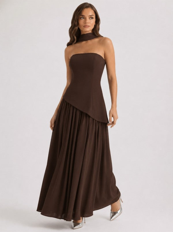 STRAPLESS LACE UP CORSET GATHERED MAXI DRESS WITH SCARF